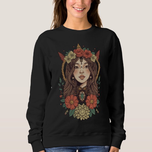 Boho-Blumen-Mädchen-Schwarz-Sweatshirt Sweatshirt (Vorderseite)