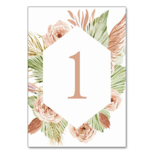 Boho-Blumen, Palme und Pampas-Terrakotta-Hochzeit Tischnummer