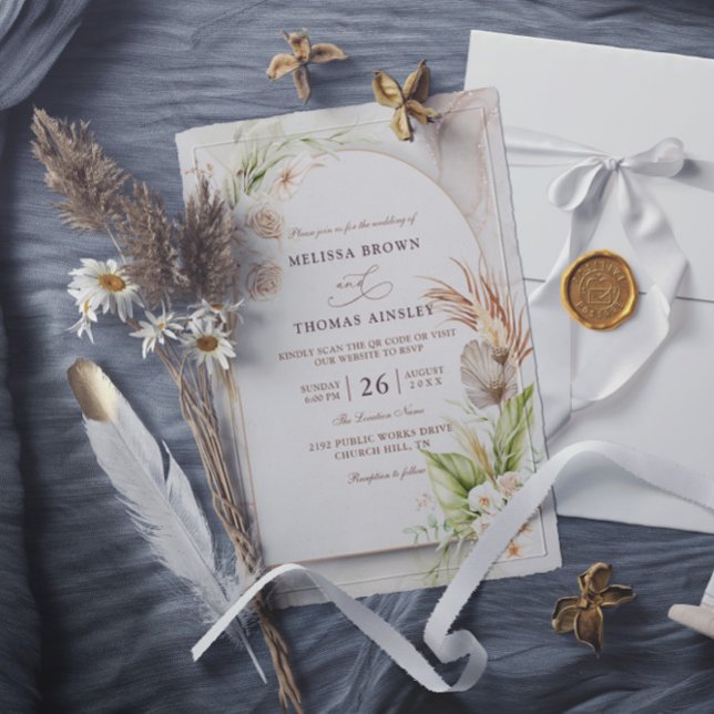 Boho-Blumen Pampas Budget QR-Code Hochzeit Einladung (Von Creator hochgeladen)