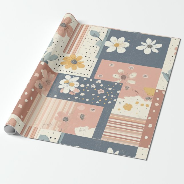 Boho-Blumen-Patchwork in Terrakotta und Salbei Geschenkpapier (Ungerollt)