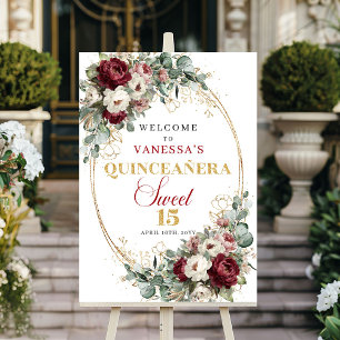 Boho-Blumen-Quinceanera-Willkommensschild Burgund  Poster