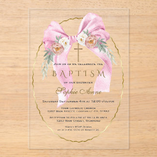 Boho Blumen Rosa Schleife Mädchen Taufe Transparen Acryleinladungen
