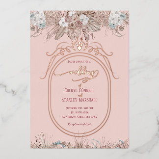 Boho-Blumen-Roségold-Hochzeit Folieneinladung