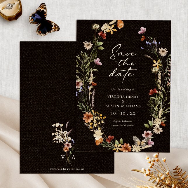 Boho-Blumen Save-the-Date-Karte Save The Date (Black Boho Watercolor Floral Save The Date Monogrammed by Painted Paperie
)
