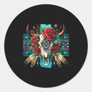 Boho-Blumen-Stier-Schädel-Rosen-Azteken-Cowgirl-We Runder Aufkleber