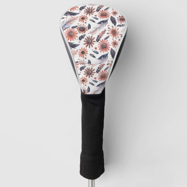 Boho-Blumen- und Feder-Muster Golf Headcover (Vorderseite)