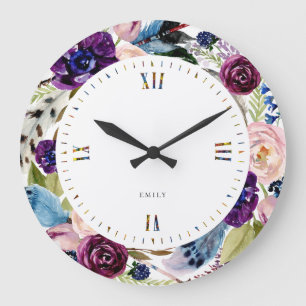 Boho-Blumen- und Federn-Kranz Große Wanduhr