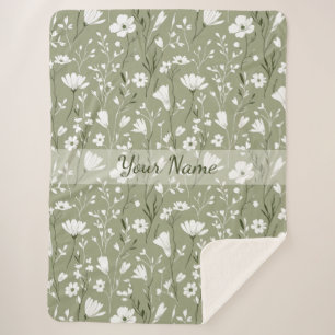 Boho-Blumen-Wildblumen-Sagegrün-Personalisiert  Sherpadecke