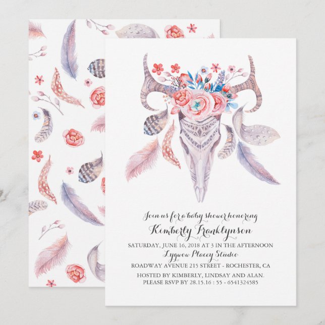 Boho BlumenAquarell-Schädel-Babyparty Einladung (Vorne/Hinten)