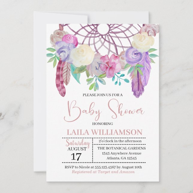 Boho BlumenDreamcatcher Babyparty-Einladung Einladung (Vorderseite)