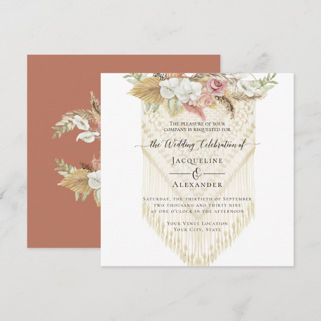 BOHO Blumengrün Pampas Grass Blush Wedding Einladung (Vorne/Hinten)