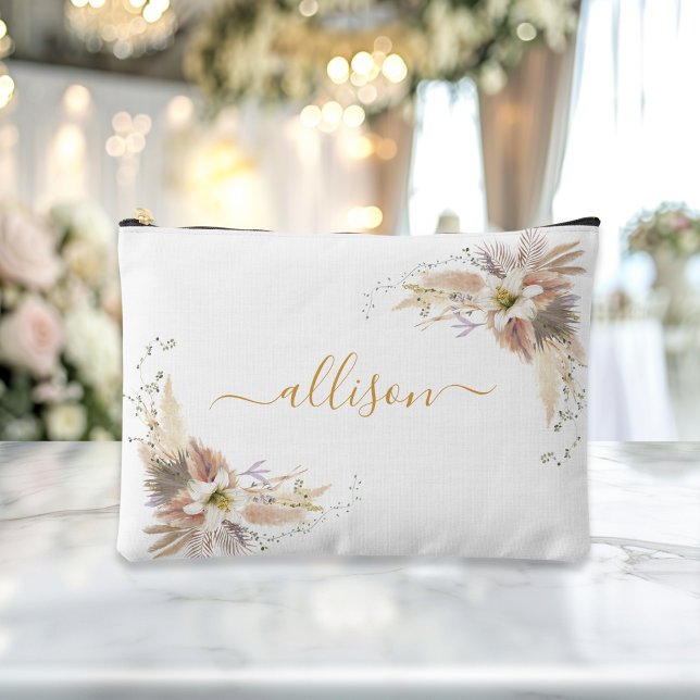 Boho, Blumenkohl, Geschenkname Zubehörtasche (Boho, floral, gift Name accessory and makeup bag showcases a sleek beige-gold script font with elega)
