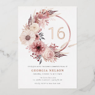 Boho-Blumenkranz Sweet 16 Roségold Folieneinladung