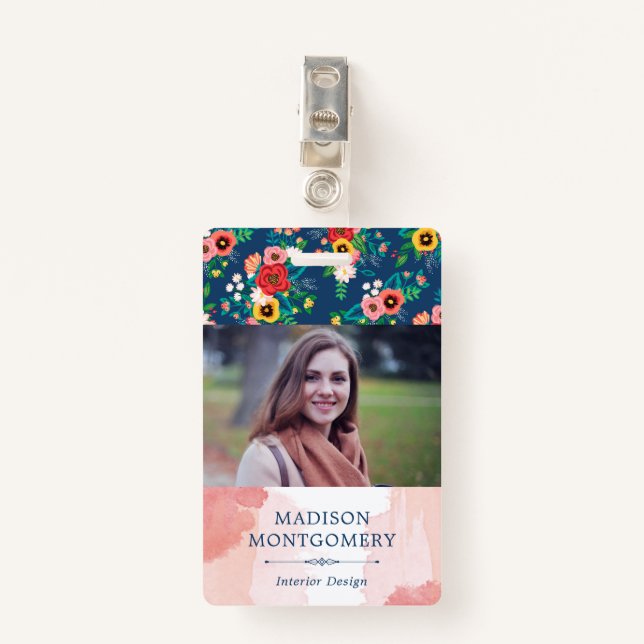 Boho Blumenmuster & Blush Pink Foto Ausweis (Vorderseite mit Klammer)