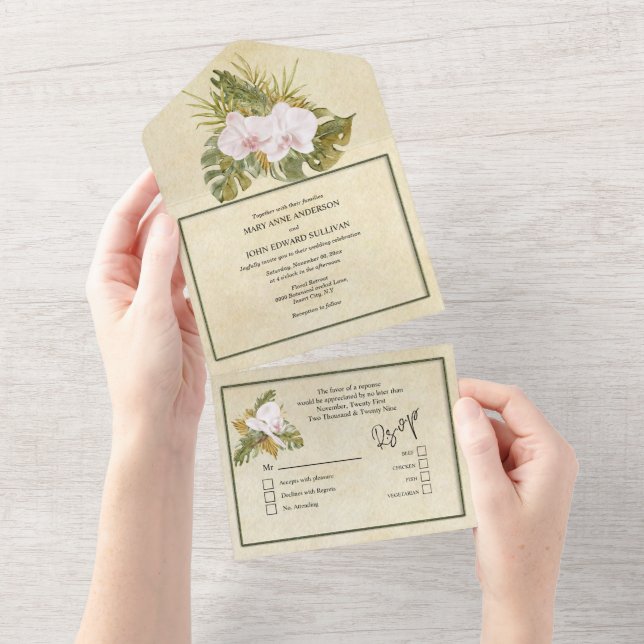 Boho blumenorchid grüner Rahmen rustikal All In One Einladung (Abreißen)