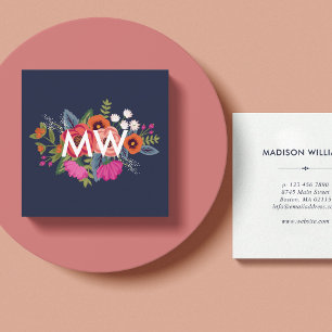 Boho-Blumenstrauß - Marineblau - Monogramm Quadratische Visitenkarte