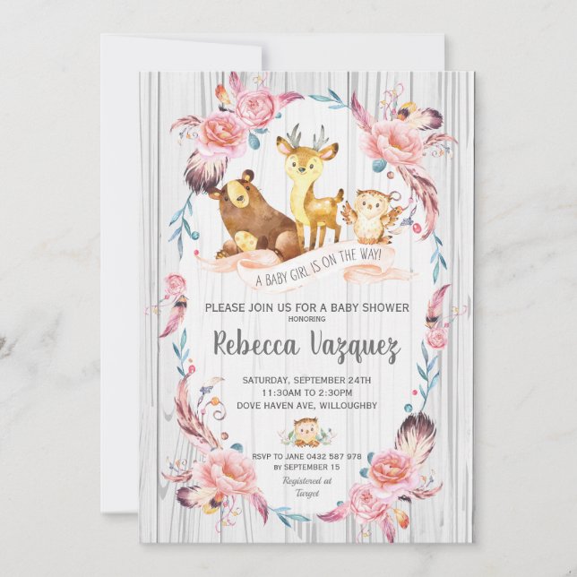 Boho Blumenwaldtier-Babyparty-Mädchen Einladung (Vorderseite)