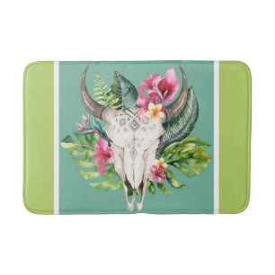 Boho Blumiger Totenkopf Türkis & Grün Helle Bunte Badematte