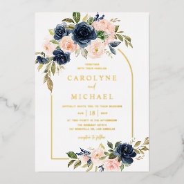 Boho Blush and Navy Blue Floral Arch Wedding Folieneinladung