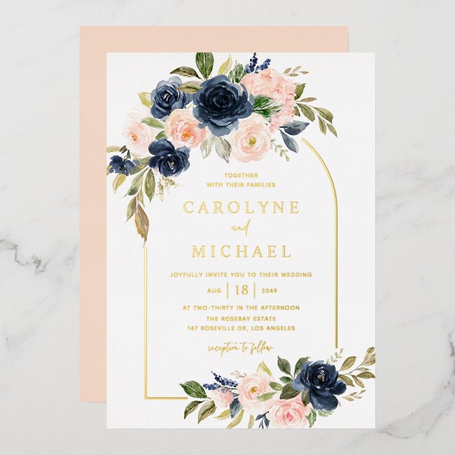 Boho Blush and Navy Blue Floral Arch Wedding Folieneinladung (Vorderseite/Rückseite)