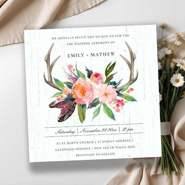 BOHO BLUSH ANTLER FLORAL HOLZLANDWEDDING EINLADUNG (Von Creator hochgeladen)