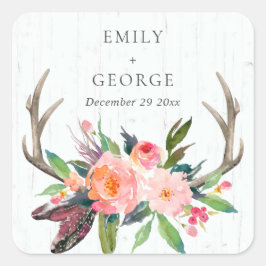 BOHO BLUSH ANTLER FLORAL HOLZLANDWEDDING QUADRATISCHER AUFKLEBER