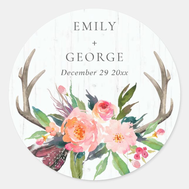 BOHO BLUSH ANTLER FLORAL HOLZLANDWEDDING RUNDER AUFKLEBER (Vorderseite)