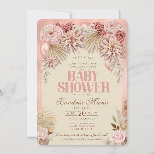 Boho Blush Beige séché Rose Baby shower invitation (Devant)