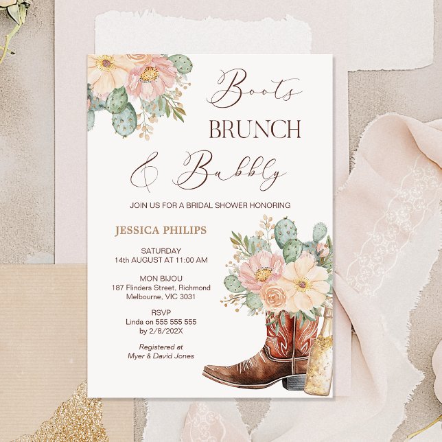 Boho Blush Boots Brunch Bubbly Brautparty Einladung (Floral Boots Brunch and Bubbly Bridal Shower Invitation Template, Cowgirl Boots Bridal Shower Bottle)
