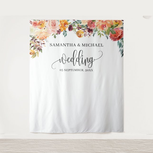 Boho Blush Bordeaux-Orangenblume Wandteppich (Vorderseite)