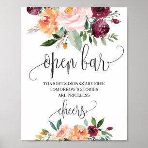 Boho-Blush-Burgunderorange-Blumen-Open-Bar-Schild Poster
