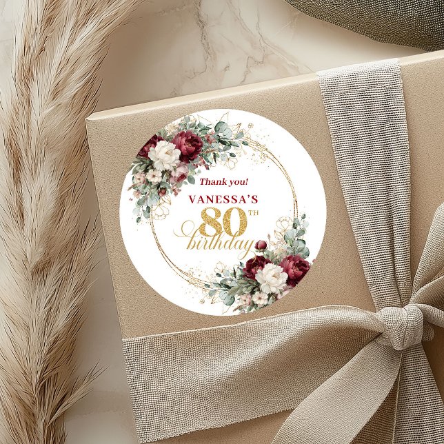 Boho Blush Burgundy 80. Geburtstag Aufkleber (Boho Blush Burgundy 80th Birthday Stickers)