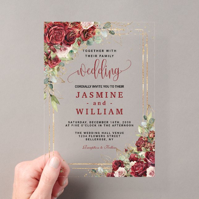 Boho Blush Burgundy Floral Gold Geometric Wedding Acryleinladungen (Insitu (Handheld))