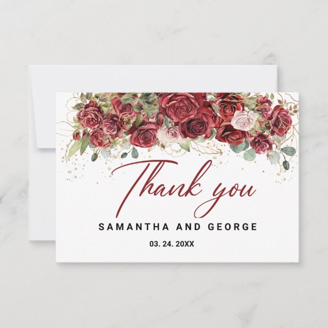 Boho Blush Burgundy Floral Gold Geometric Wedding Dankeskarte (Vorderseite)