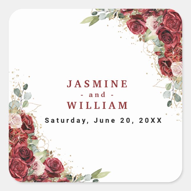 Boho Blush Burgundy Floral Gold Geometric Wedding Quadratischer Aufkleber (Vorderseite)