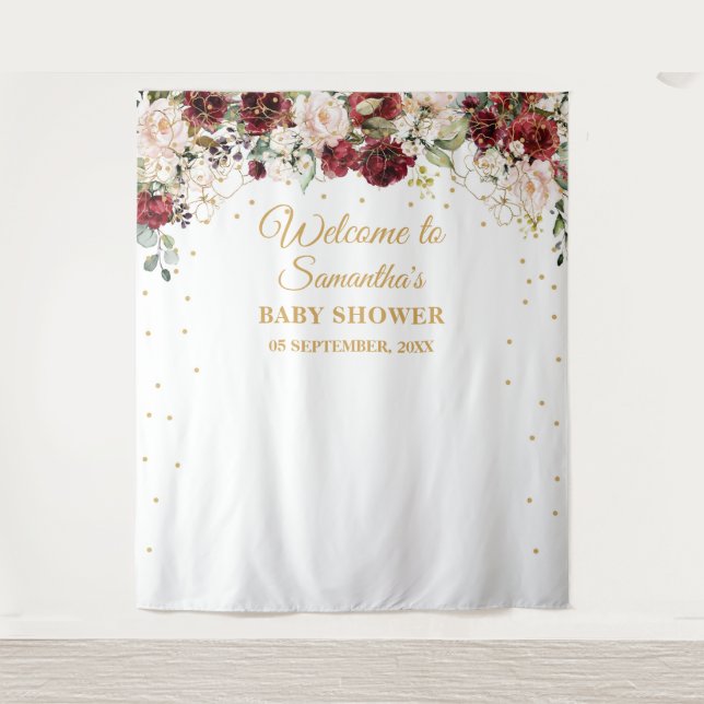 Boho blush burgundy geblümte goldene Rahmen Babydu Wandteppich (Vorderseite)