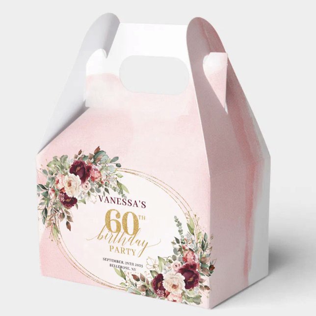 Boho Blush Burgundy Gold Floral 60th Gift Box Geschenkschachtel (Luxurious Boho Burgundy Roses 60th Birthday Favor

)