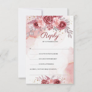 Boho Blush Burgundy Rose Blume Gold Wedding RSVP Karte