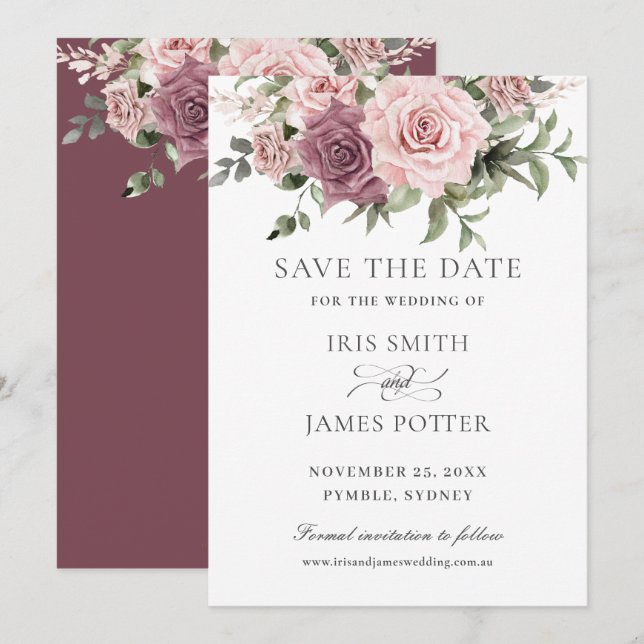 Boho Blush Cinnamon Rose Blumengrün Hochzeit Save The Date (Vorne/Hinten)
