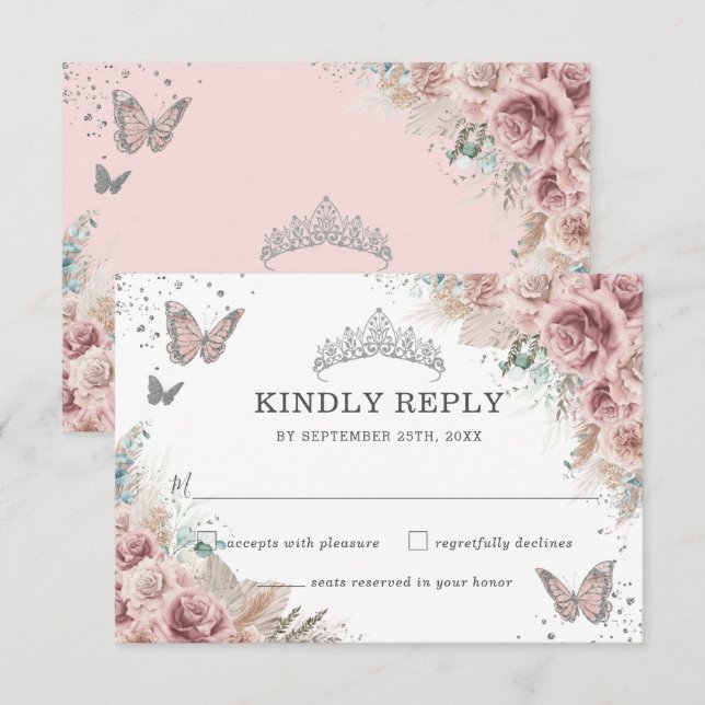 Boho Blush Dusty Rose Floral Pampas Quinceañera RSVP Karte (Vorne/Hinten)