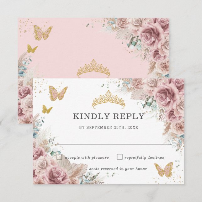 Boho Blush Dusty Rose Floral Pampas Quinceanera RSVP Karte (Vorne/Hinten)