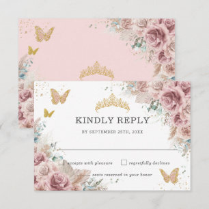 Boho Blush Dusty Rose Floral Pampas Quinceanera RSVP Karte