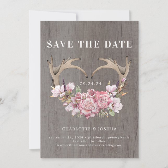Boho Blush Floral Antlers Foto Save the Date (Vorderseite)