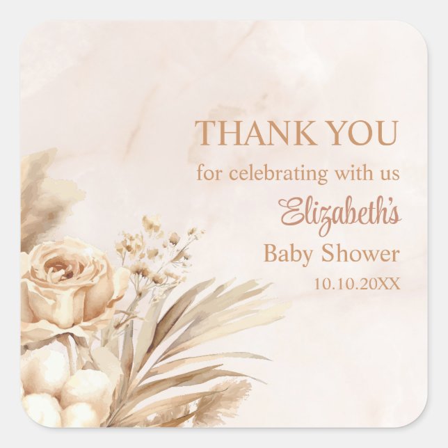 Boho Blush Floral Baby Dusche Danke Quadratischer Aufkleber (Vorderseite)