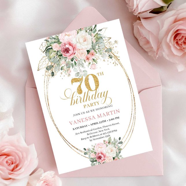 Boho Blush Floral Digital 70th Birthday Invitation Einladung (Boho Blush Floral Digital 70th Birthday Invitation)