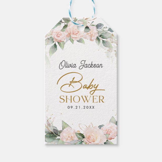 Boho Blush Floral Eucalyptus Frame Baby Dusche Geschenkanhänger (Vorderseite)