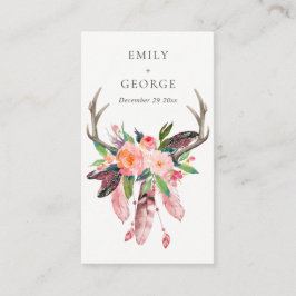 BOHO BLUSH FLORAL FEATHER ANTLER WEDD DANKE VISITENKARTE