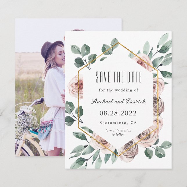 Boho Blush Floral mit Foto Save the Date (Vorne/Hinten)