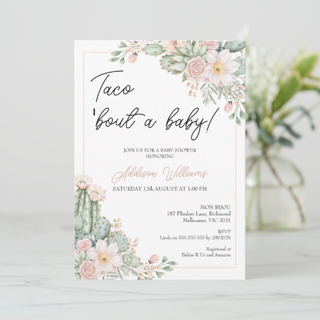 Boho Blush Floral Taco 'bout Baby Show Einladung (Stehend Vorderseite)
