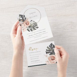BOHO BLUSH FLORAL WREATH MONSTRERA LEAF WEDD AL ALL IN ONE EINLADUNG